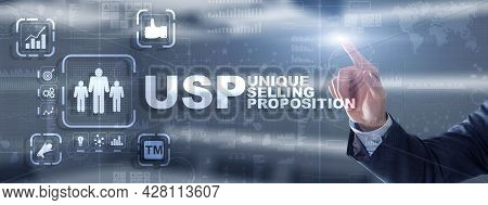 Usp. Inscription Unique Selling Proposition On Virtual Screen. Marketing And Technology Concept