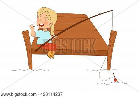 Little Girl In Rubber Boots Sitting On Berth With Fishing Rod Catching Fish Vector Illustration
