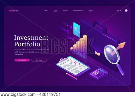 Investment Portfolio Isometric Landing Page. Business Briefcase With Financial Strategy Plan Or Anal