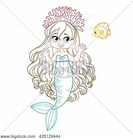 Cute Little Mermaid Girl In Coral Tiara Shows A Long Pearl Necklace To A Fis Colored Outlined For Co