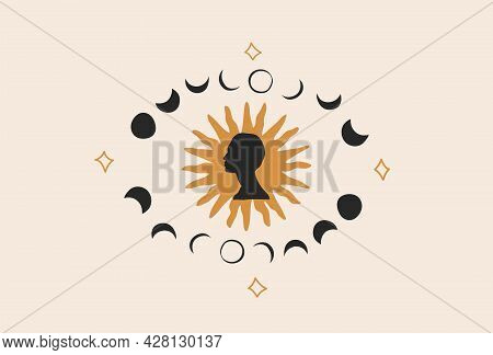 Hand Drawn Vector Abstract Stock Flat Graphic Illustration With Logo Element, Bohemian Astrology Mag