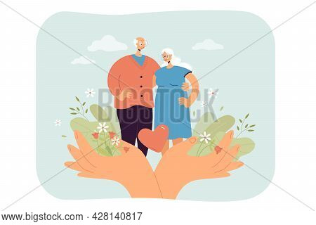 Huge Hands Holding Happy Senior Couple Flat Vector Illustration. Medical Care, Help, Support For Eld