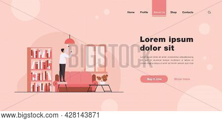 Man Inserting Light Bulbs Into Chandelier. Repair, Lighting. Flat Vector Illustration. Housekeeping 
