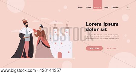 King And Queen Standing In Front Of Castle Flat Vector Illustration. Cartoon Monarchs As Symbol Of R