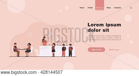 Lunch In School Cafeteria Concept. Teen Boys And Girls Eating In School Canteen Or Cafe, Standing At