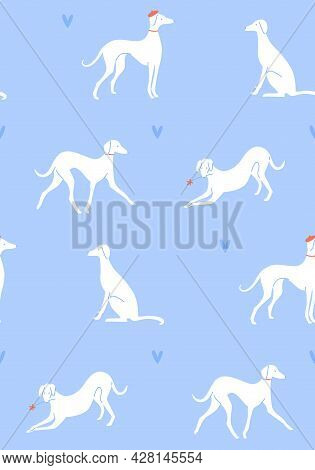 Grayhound In Different Poses, Dog Silhouettes On Blue Background. Romantic Seamless Pattern, French 