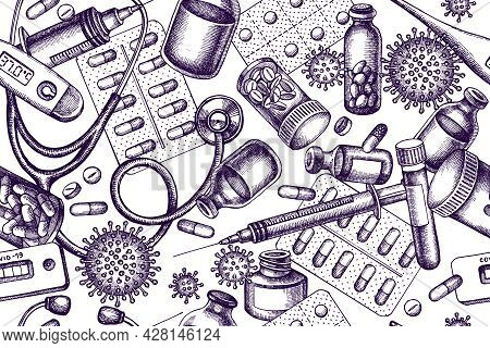 Artistic Seamless Pattern With Vial Of Blood, Pills And Medicines, Medical Thermometer, Coronavirus 