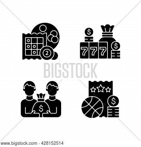 Participation In Lottery Black Glyph Icons Set On White Space. Bingo Game. Winning Large Cash Reward