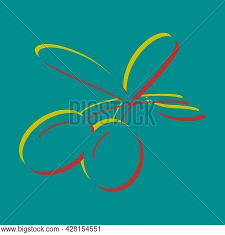 Olives Sign Illustration. Pseudo 3d Embossed Icon With Citrine And Persian Red Colors On Dark Cyan B