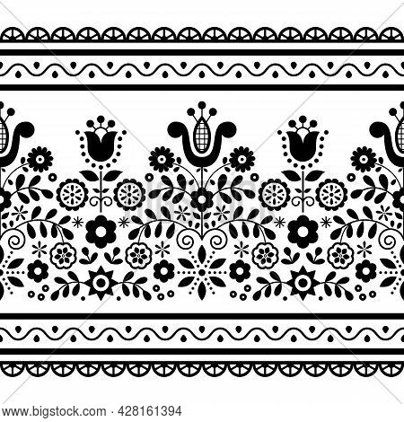 Polish Folk Art Vector Seamless Black Pattern With Flowers Inspired By Traditional Highlanders Embro