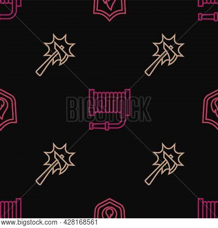 Set Line Fire Protection Shield, Firefighter Axe And Hose Reel On Seamless Pattern. Vector