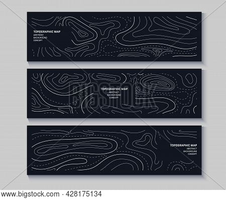 Set Of Topography Flyers. Outline Cartography Landscape. Collection Of Three Banners With Topography