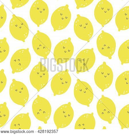 Vector Seamless Pattern With Cartoon Yellow Lemons. It Can Be Used As Wallpaper, Poster, Print For C