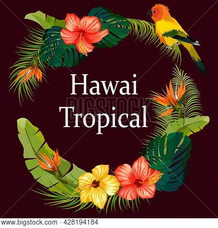Frame With Tropical Flowers And A Parrot.vector Illustration With A Parrot, Tropical Plants And Text