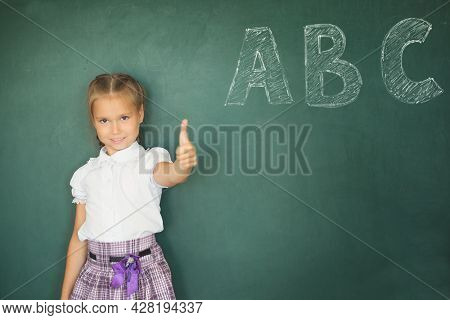 Portrait Of Caucasian Happy Child Girl With Books. School Chalkboard Or Blackboard Background. Educa