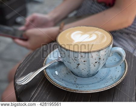 A Cup Of Flat White Or Cappuccino With Latte Art Served In A Ceramic Cup With Saucer For A Person Ho
