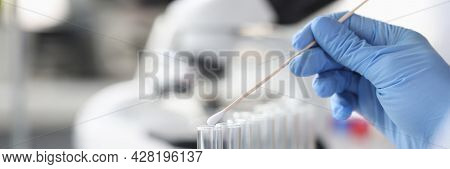 Scientist Chemist Inserting Cotton Swab Into Glass Test Tube Closeup