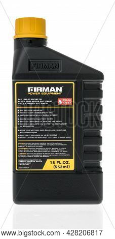 Winneconne, Wi -20 July 2021:  A Package Of Firman Power Equimpent Motor Oil Engine On An Isolated B