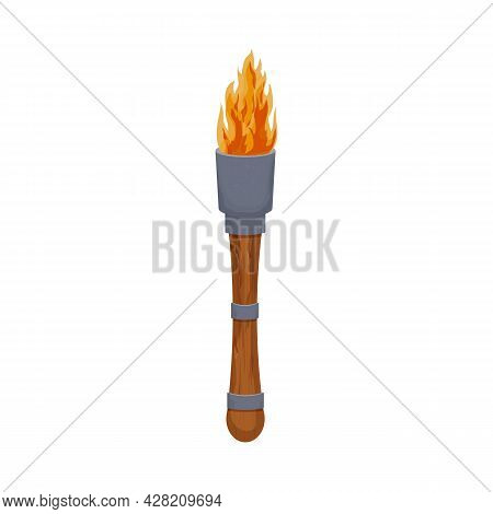 Medieval Torch Wooden Stick And Iron With Flame In Cartoon Style Isolated On White Background. Antiq