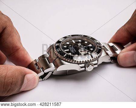 Bangkok, Thailand - July 14, 2019: Rolex Submariner Watch Is Equipped With A Ceramic Bezel With Func