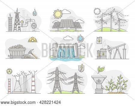 Energy Sources With Fossil Fuel, Nuclear Fuel And Renewable Resources Line Vector Set