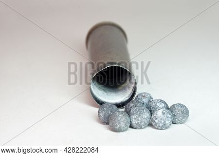 Lead Buckshot, Self-made, Brass Cartridge Case For Hunting Rifle On White Background