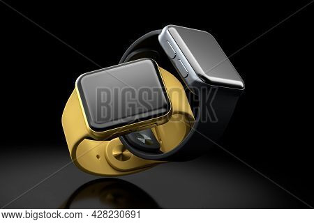 Set Of Smart Watches With Colorful Straps On Black Background.