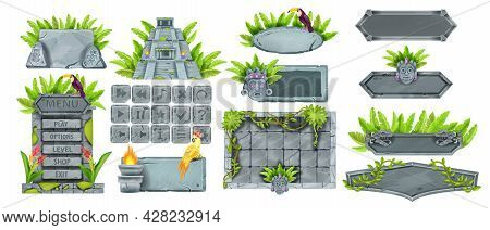 Jungle Stone Game Ui Set, Rock Vector Buttons, Gray Cracked Boulder Sign Board, Menu Frame, Aztec Py