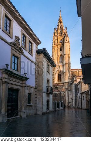 Oviedo, Spain - December 29, 2019: San Salvador Cathedral Of Oviedo In Alfonso Ii El Casto Square At