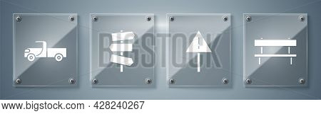 Set Bench, Exclamation Mark In Triangle, Road Traffic Signpost And Pickup Truck. Square Glass Panels