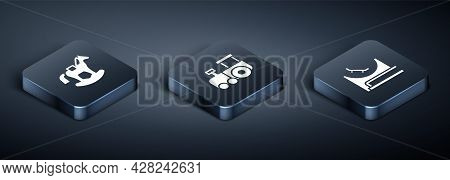 Set Isometric Horse In Saddle Swing, Skate Park And Toy Train Icon. Vector
