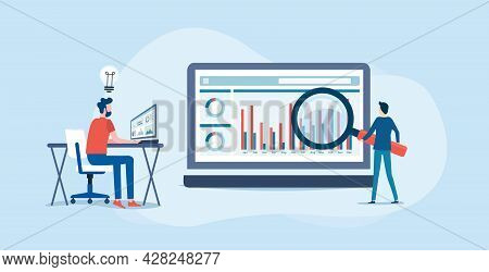 Business People Analytics And Monitoring On Web Report Dashboard Monitor Concept And Vector Illustra