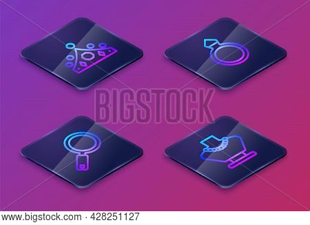 Set Isometric Line King Crown, Magnifying Glass, Diamond Engagement Ring And Necklace Mannequin. Blu