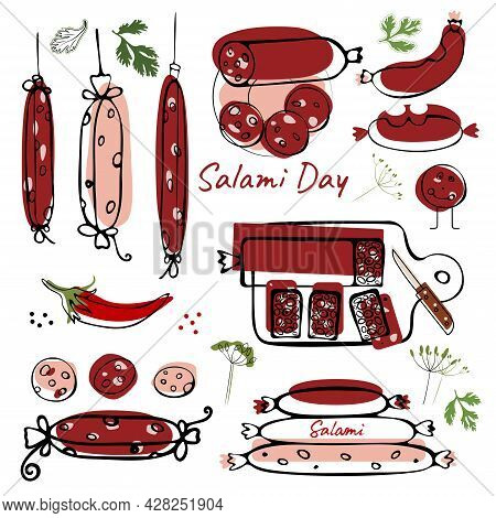 Sausage Set. Salami Day. Manual Drawing Of A Flat Vector Illustration. For Labels, Stickers, Web Des