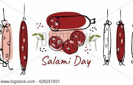 Sausage Pattern. Salami Day. Manual Drawing Of A Flat Vector Illustration. For Labels, Stickers, Web