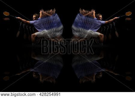 Collage Of Images Of One Young Man, Male Tennis Player In Motion And Action Isolated On Dark Backgro
