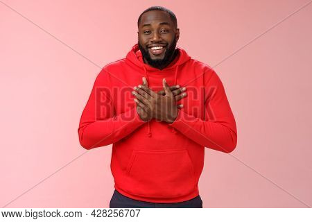 Pleased Touched African American Smiling Young Bearded Man Hold Hands Heart Grinning Thanking Heartw