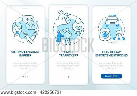 Human Slavery Victims Onboarding Mobile App Page Screen. Stress Aftermath Walkthrough 3 Steps Graphi