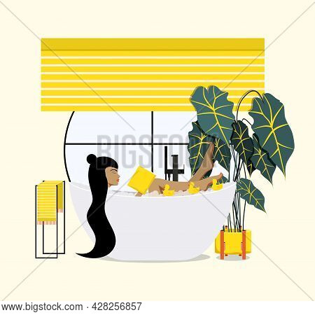 Girl Reading In Bathroom. Women In Bathroom. Vector Illustration.