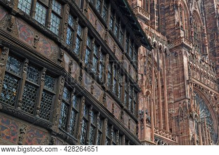 Strasbourg, France, June 23, 2021 : Strasbourg Cathedral And Kammerzell House Facade, An Old And Tra