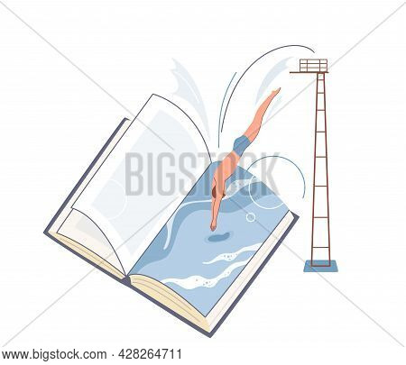 Young Man Diving To The Water In The Book From Diving Tower. Immersion Reading Concept, Literature V