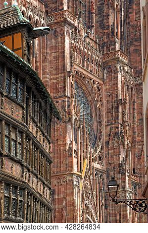 Strasbourg, France, June 23, 2021 : Strasbourg Cathedral And Kammerzell House Facade, An Old And Tra