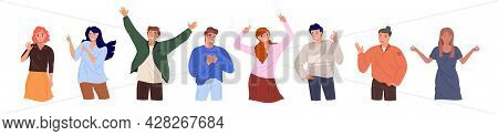 Group Of Diverse Happy People, Men And Women, Stand Together On White Background And Gesticulate. Ca