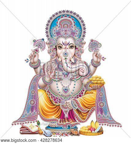 Indian God Ganesha, Indian Lord Ganesh, Indian Mythological Image Of Ganesha.