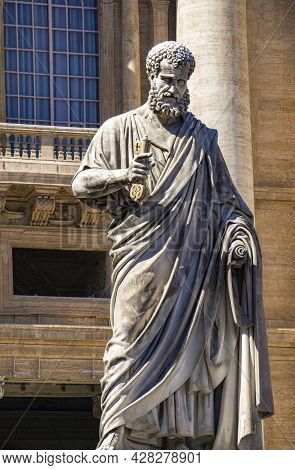 Statue Of St. Peter Holding The Key To Heaven At Vatican. Statue As Made By Giuseppe De Fabris At 18