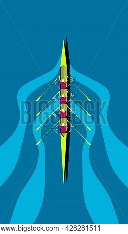Men In Boat.top View Of Canoe On Water. Flat Illustration.