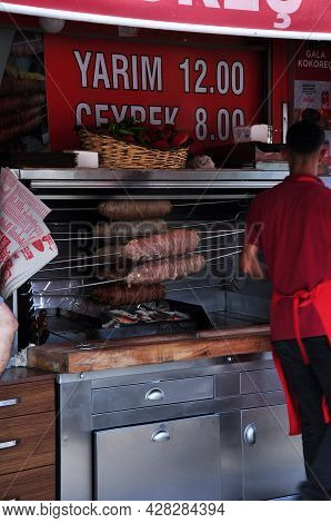 Street Food, Fast Food. Cafe Where Kokorech Is Prepared. July 10, 2021, Istanbul, Turkey.