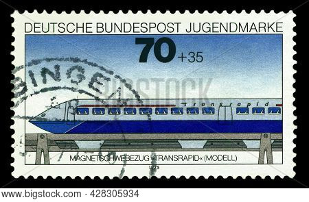 Stavropol, Russia - July  26.  2021: A Stamp Printed In The  Germany  Shows Maglev High-speed Train 