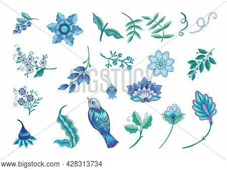 Fantasy Flowers In Retro, Vintage, Jacobean Embroidery Style. Embroidery Imitation Isolated On White