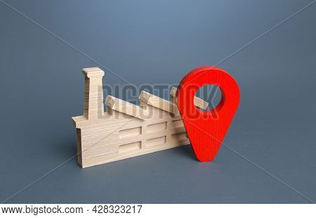 Industrial Plant And Red Location Pin. Concept Of The Location Of Production Facilities. Logistics, 
